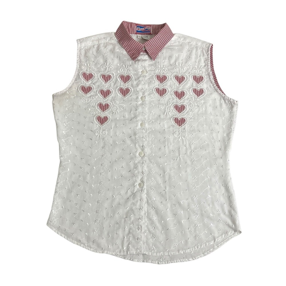 Vintage Pearl River Top L White Red Gingham Embroidered Eyelet Western Button Up